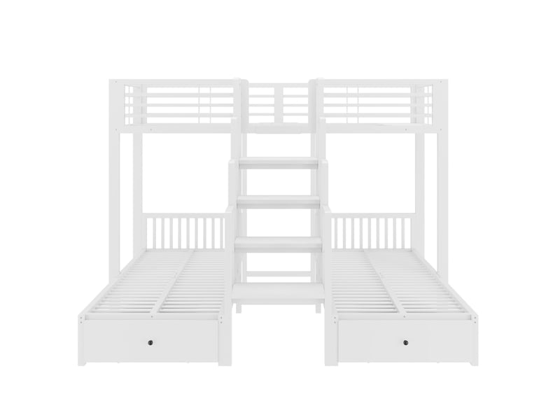 Lit superposé en métal, 90 x 200 cm, escalier central, barrières de sécurité, tiroirs et construction robuste en acier, finition blanche - Conforama A