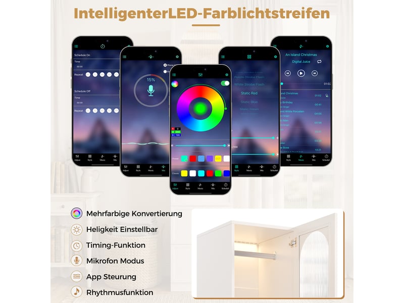  Armoire dressing 135x48x200 cm avec led, 5 portes, 3 penderies, 3 tiroirs, porte en verre cannelé cintré, poignées dorées, mdf blanc  - Conforama E