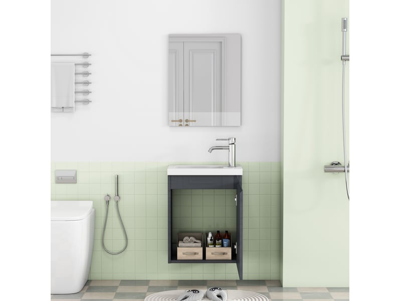  Meuble sous vasque mural avec lavabo en céramique et miroir, portes à fermeture douce, pour salle de bain, gris brillant  - Conforama D