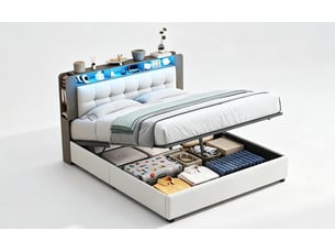 Lit coffre 160x200 cm avec tête de lit - leds - étagères et rangements latéraux - sommier à lattes