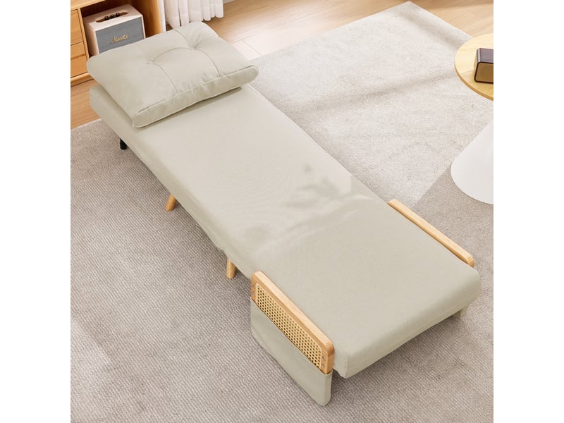 Fauteuil convertible 3-en-1 67.5x73x86.5cm – avec armlehnen en rotin, dossier réglable 5 positions et coussin lombaire – tissu de lin - beige  - Conforama E