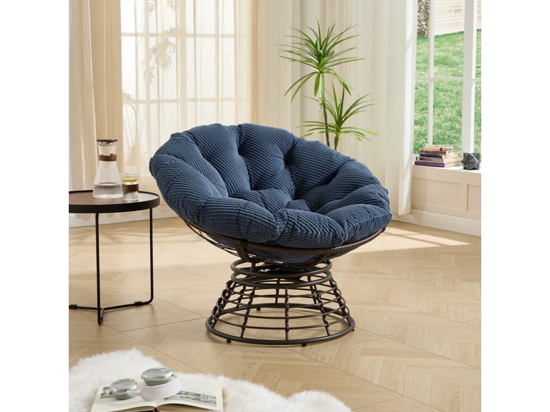  Fauteuil papasan pivotant à 360° en résine tressée - 92x92x67cm - coussin épais velours côtelé confortable - marron et bleu  - Conforama C