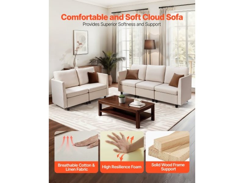 Canapé modulable sectionnel 5 places, canapé d'angle convertible moderne en mousse haute résilience avec rangement dissimulé, sofa rembourré avec cadre en bois massif, pour salon, chambre, beige - Conforama C