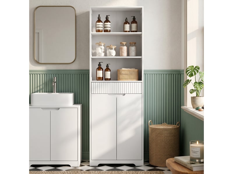 Armoire de salle de bain haute, 2 portes à fermeture amortie, tiroir, 3 compartiments ouverts et étagères réglables, blanche - Conforama C