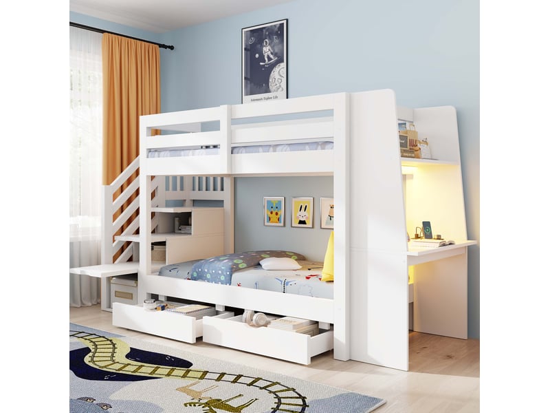  Lit superposé enfant 90x200 cm avec bureau, led et rangements blanc  - Conforama B