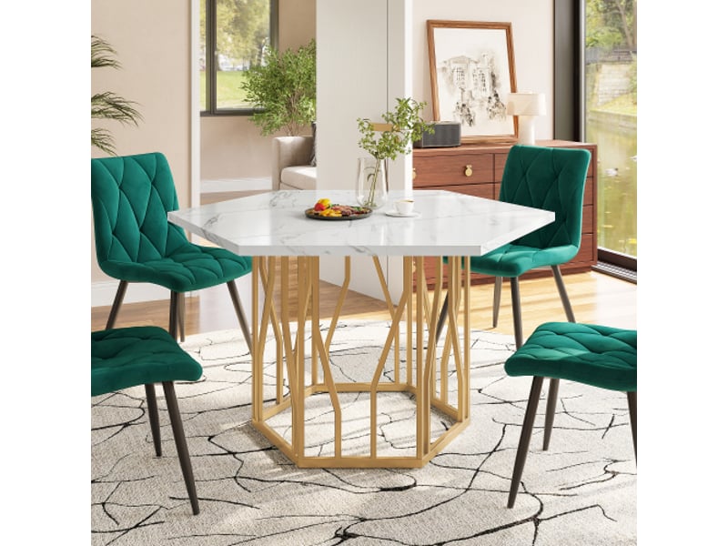  Table à manger hexagonale en marbre, pied métal doré, design moderne, style épuré, salon salle à manger  - Conforama B