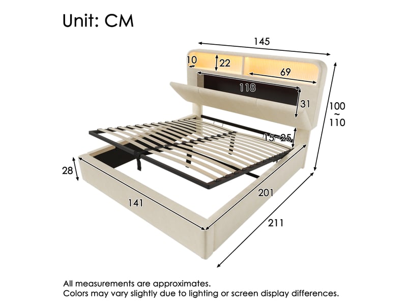  Lit coffre, lit double 140x200 cm, rangement hydraulique, tête de lit avec rangement, led, usbusb-c, matelas inclus, velours beige  - Conforama C