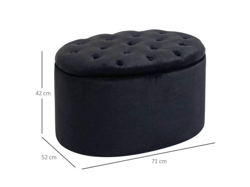  Banc coffre noir ovale 71x52x42 cm, rembourré en polyester effet velours, bois d’hévéa  - Conforama C