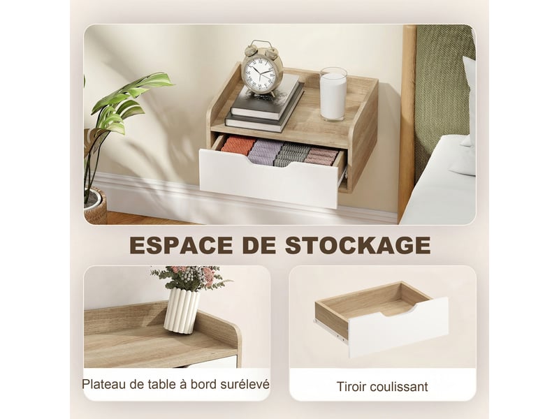  Lot de 2 tables de chevet murales, tables de nuit avec tiroir et plateau à rebords surélevés, bois naturel, 40x30x19,5cm  - Conforama R