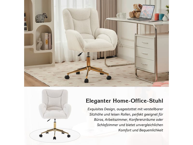 Chaise de bureau pivotante à hauteur réglable avec roulettes, dossier ergonomique et finition luxueuse en teddy, blanc  - Conforama E