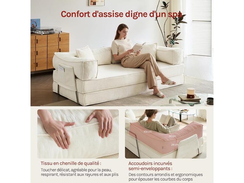  Canapé-lit convertible 3 places, sofa de sol modulaire, avec coussins amovibles，207x106x68cm，beige  - Conforama W