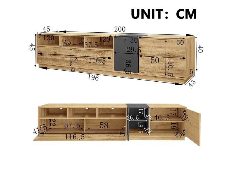  Meuble tv modenvie 200 x 45 x 45 cm avec rangements, panneaux de particules noir, gris et bois  - Conforama C