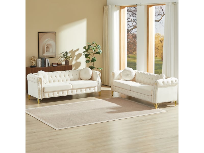  Canapé 3+3 places en velours beige avec pieds en métal doré  - Conforama B