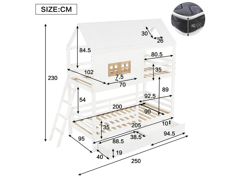  Lit superposé 90x200 cm avec 2 tiroirs, fenêtres et toit en bois mdf contreplaqué blanc et naturel  - Conforama E