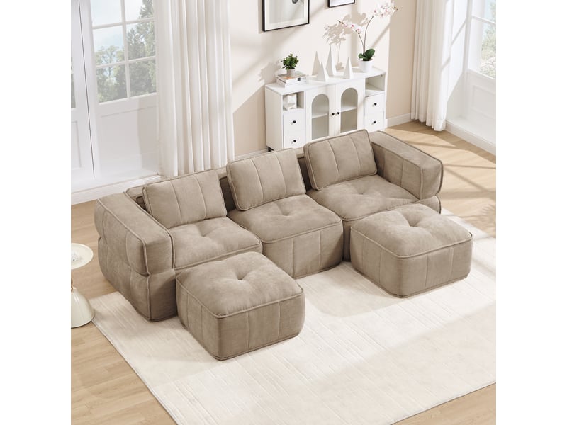  Canapé 3 places - 271x162x67cm - canapé panoramique en u avec 2 poufs repose-pieds en mousse 32d sans cadre - sable  - Conforama B