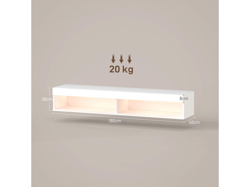 Meuble tv suspendu mural pour tv jusqu'à 75 pouces avec éclairage led 16 couleurs et étagères 180x40x30 cm blanc  - Conforama D