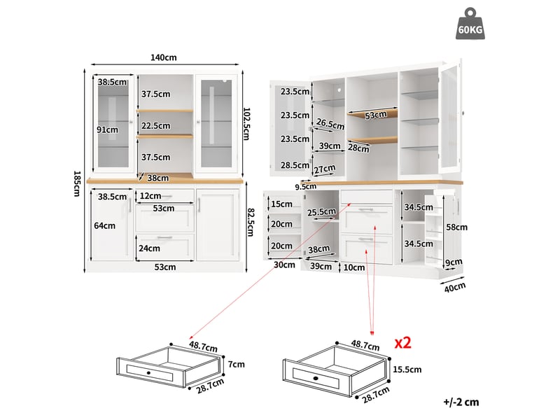  Meuble de cuisine 185 x 140 x 40 cm - 3 tiroirs, plan de travail, étagères réglables, éclairage led pilotable par application, finition noirblancvert.  - Conforama R