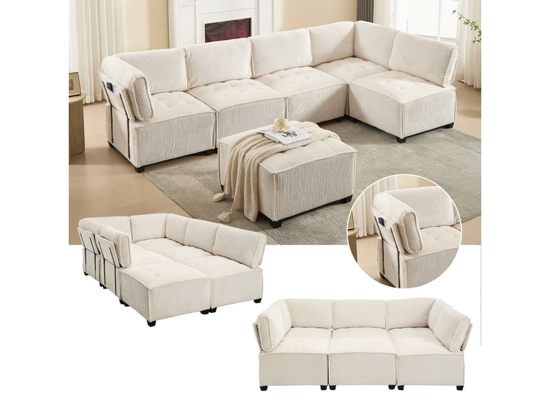  Canapé d'angle panoramique convertible 6 places velours beige canapé d'angle beige - Conforama B