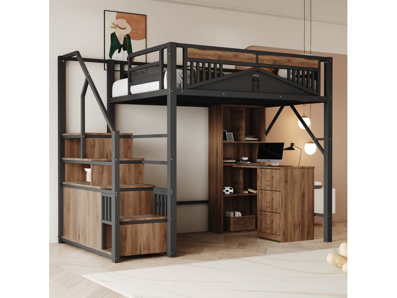 Lit mezzanine tcqpz 140 x 200 cm noir en métal et bois avec escalier de rangement  - Conforama E