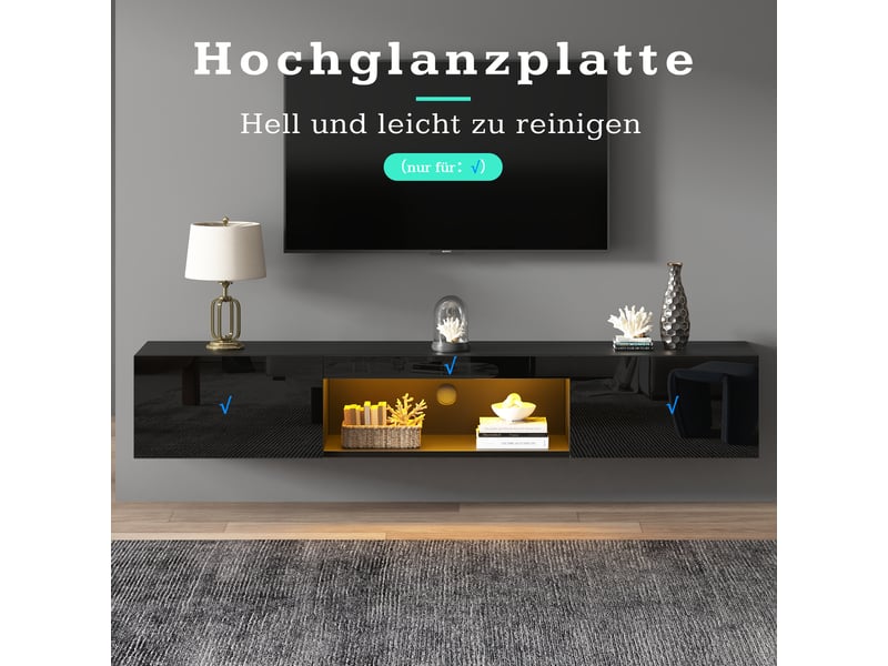 Meuble tv, banc télé, 160×31×22cm, pour tv jusqu'à 70, feu électrique, suspendu, mural, noir - Conforama D