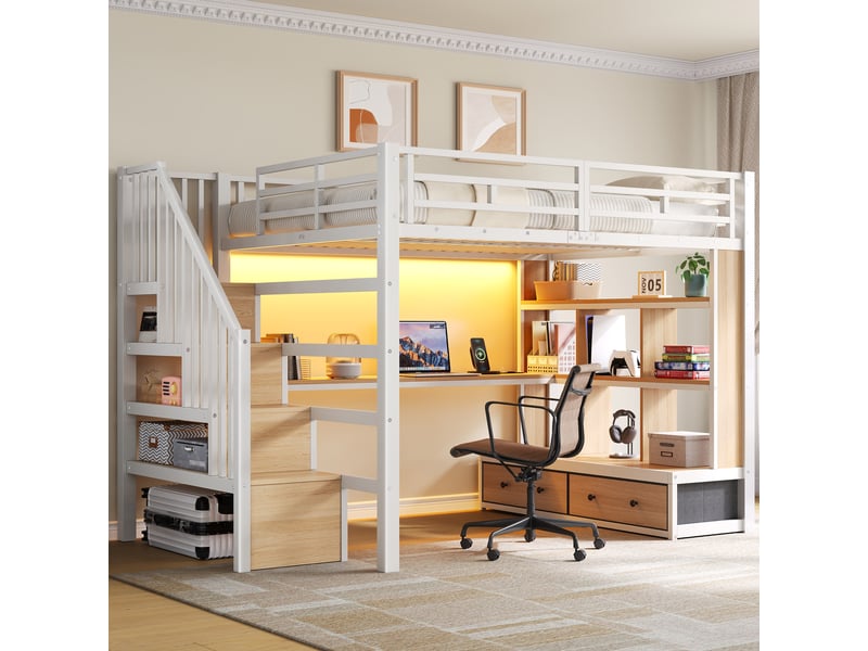  Lit mezzanine 2 places 200 × 140 cm avec bureau, étagères, 2 tiroirs et led, sans matelas, blanc en métal  - Conforama B