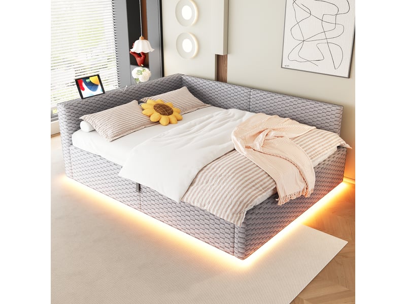  Lit coffre double 140×200 cm avec led, 2 ports usb et port type-c - okmyhome- velours gris, sans matelas  - Conforama B