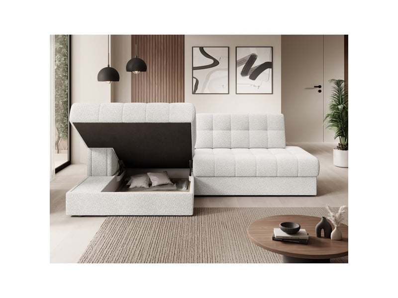 Canapé d'angle convertible cubito blanc bouclette 240 cm avec coffre et couchage  - Conforama D