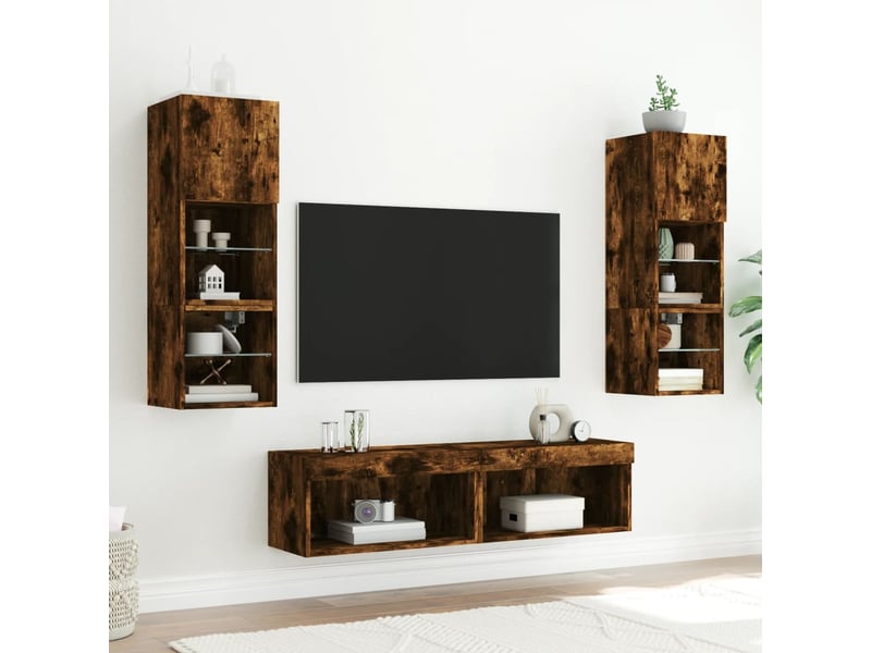  Lot de 2 meuble tv avec lumières led chêne fumé 60x30x30 cm  - Conforama D
