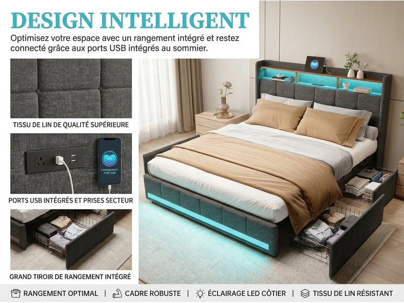  Lit avec rangement cm en cuir pu avec led et usb  - Conforama D