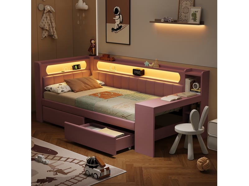 Lit de jour rembourré 90 x 200 cm avec led, usb, bureau et 2 tiroirs rose - Conforama D