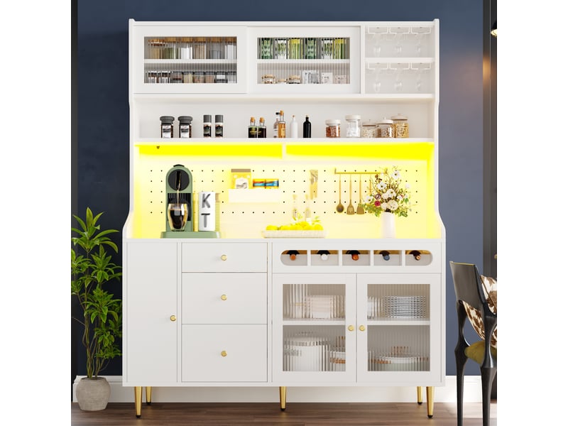  Armoires hautes 145×39×171cm pour le salon, éclairage led, armoire de salon avec étagères réglables, tiroir avec casier à bouteilles  - Conforama E
