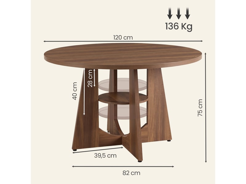 Table à manger ronde avec pied central et étagère, 120 x 120 x 75 cm, marron noyer - Conforama D