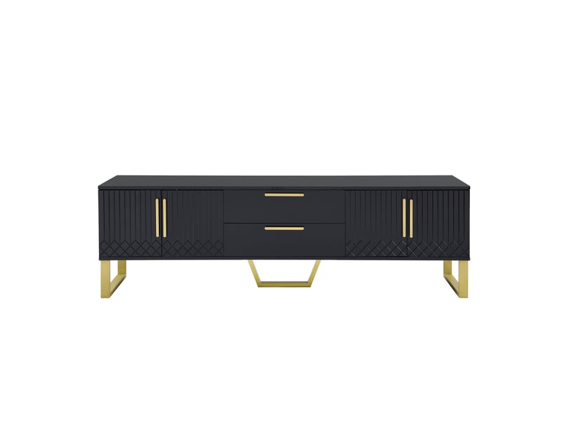 Meuble tv laqué haute brillance 170x40x53.5 cm, au design sculpté avec poignées et pieds dorés, structure mdf, noir  - Conforama A
