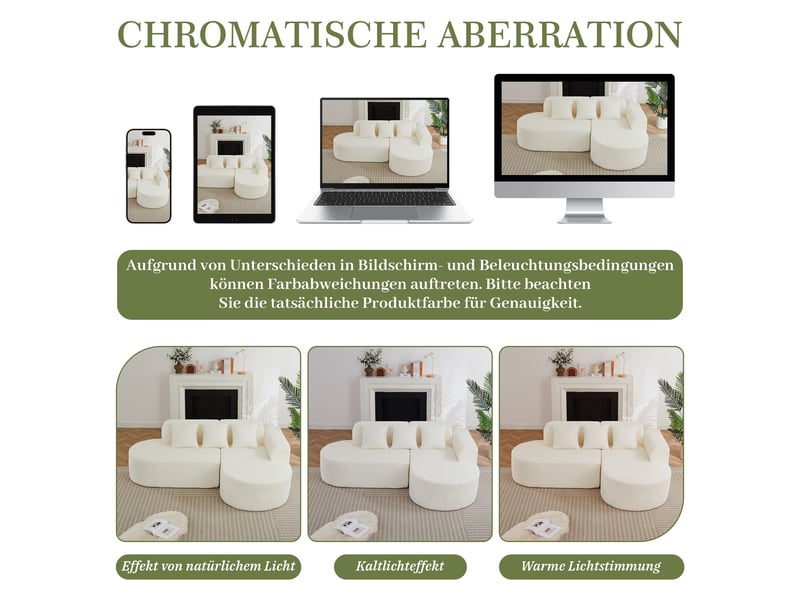  Canapé d'angle droit design arrondi en chenille avec chaise longue à droite et 3 coussins de dossier, beige  - Conforama E
