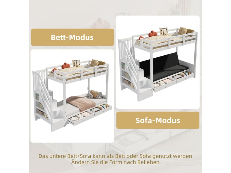  Lit superposé enfant 90x200 multifonction avec canapé et escalier de rangement - bois massif blanc  - Conforama W