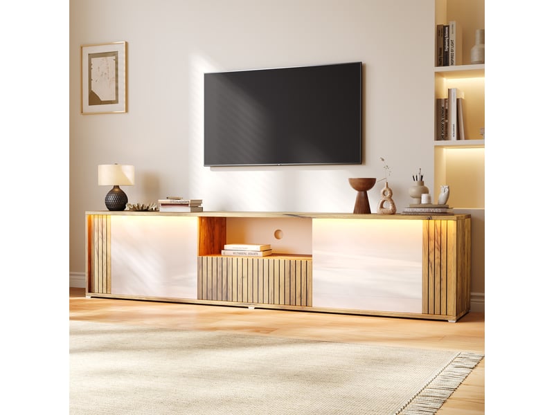  Meuble tv avec 2 portes, tiroir, niche et led pour salon 180×40×51 cm blanc et naturel  - Conforama B