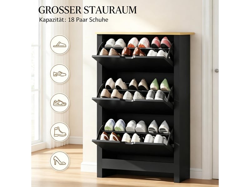  Meuble à chaussures modèle slim, noir, 3 portes basculantes, 2 compartiments, panneaux agglomérés  - Conforama E
