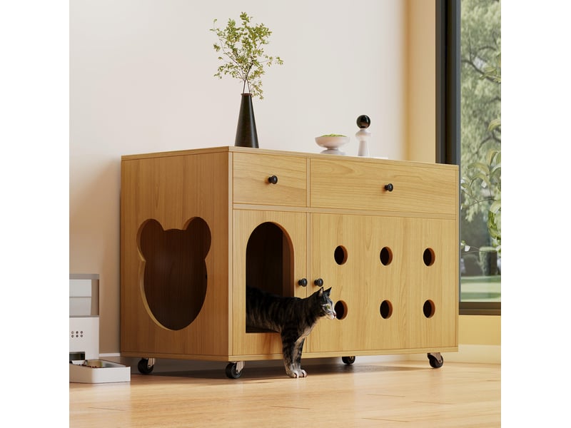 Meuble buffet 100x45x66 cm avec espace de rangement, 2 tiroirs, 2 portes, MDF, couleur bois - Conforama D