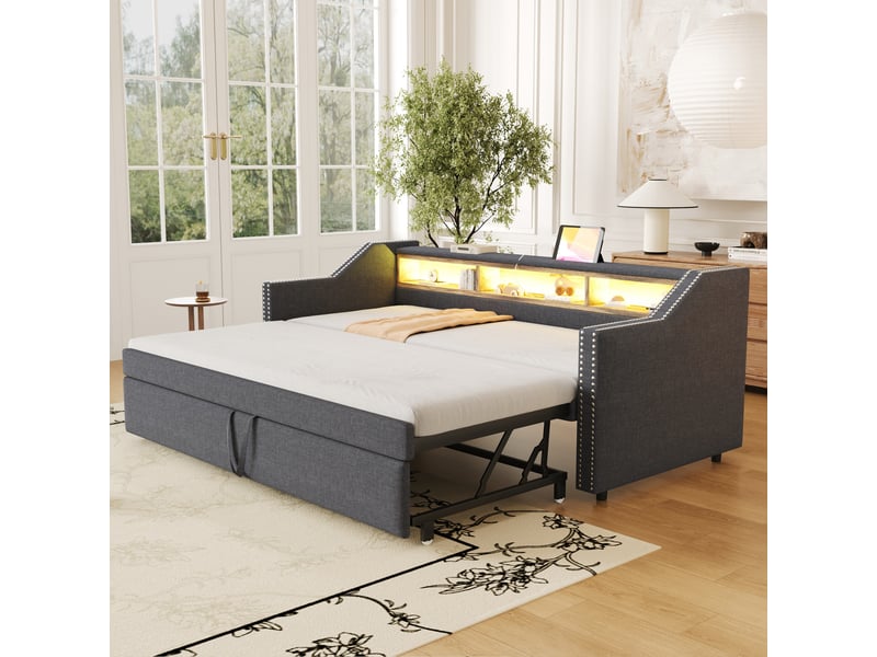  Lit canapé escamotable en toile de jute gris foncé 90x190 cm  - Conforama E