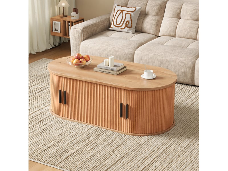  Table basse ovale 100x50x33 cm avec rangement modulable, finition bois naturel  - Conforama B