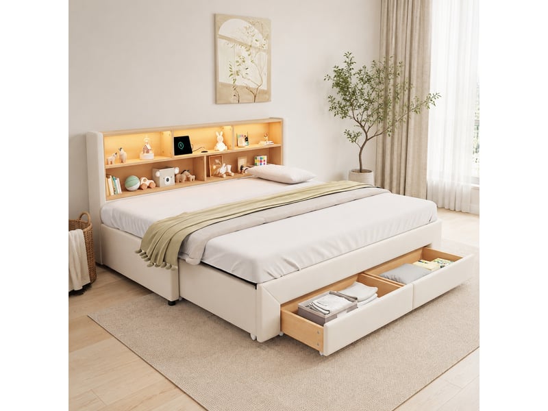  Lit banquette 90×200 cm extensible 180×200 cm, 2 tiroirs - okmyhome- usb, led et type-c, sans matelas, velours beige  - Conforama C