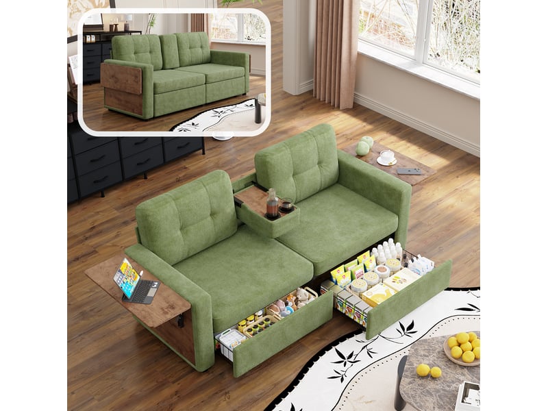  Canapé 2 places modenvie avec rangement et tablettes réglables 178 x 71 x 57,5 cm chenille vert  - Conforama E