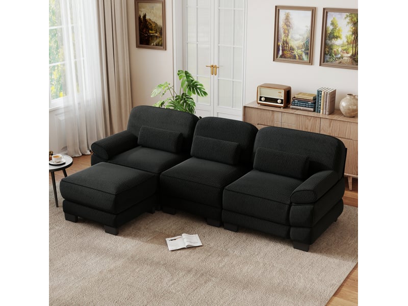  Canapé d'angle modulable 3 places 265x161x94 cm avec pouf en velours côtelé noir  - Conforama D