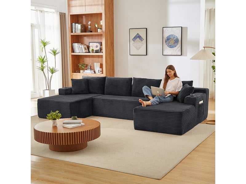 Canapé panoramique modulable 6 places en u 339x168x82 cm, canapé nuage sans montage, assise xxl, mousse à mémoire de forme, velours côtelé gris foncé - Conforama E