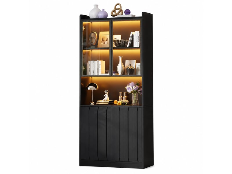  Vitrine avec 4 portes, 5 compartiments, led et étagères réglables pour salon en panneaux de particules, 80×35×200 cm  - Conforama A
