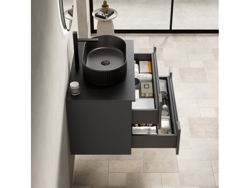 Meuble vasque suspendu 80x46x62.20 cm avec lavabo ovale noir et 2 tiroirs - Conforama R