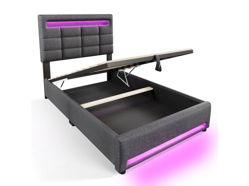  Lit capitonné, 90 x 200 cm, commande par application, éclairage led, suspension hydraulique, sans matelas, avec port usb, linge de lit gris  - Conforama E