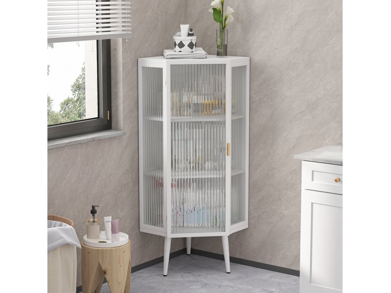  Armoire d'angle 3 niveaux en métal blanc et verre trempé, 56 x 40 x 110 cm, rangement élégant au quotidien  - Conforama B