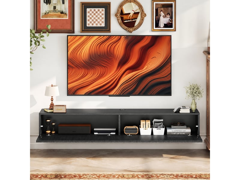 Meuble tv suspendu avec 2 portes abattantes cannelées, mdf mélaminé, passe-câbles, noir, 140 x 25 x 22 cm - Conforama D