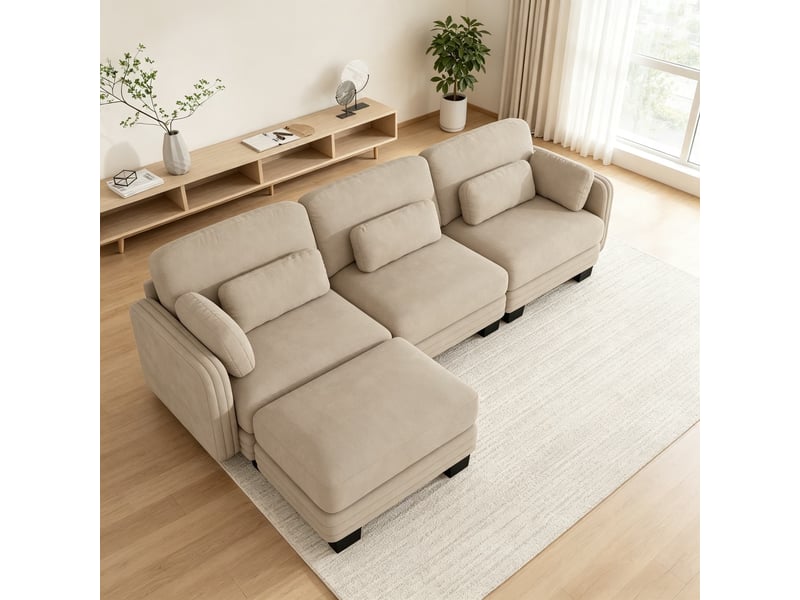 Canapé d’angle en l 3 places, configuration modulaire, tissu chenille doux, coussins de soutien lombaire et d’accoudoir fournis, 253 × 143 × 88 cm, marron clair - Conforama D